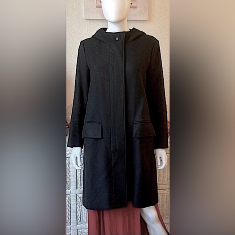 Nili Lotan Virgin Wool Coat Hooded w/ Hidden Zipper Knee Length in Black size 2
